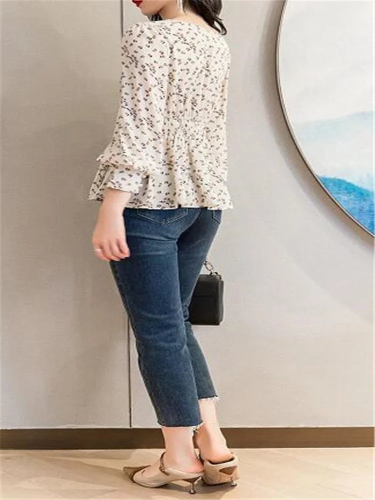 Pearl Button V Neck Shirt Women Retro Floral