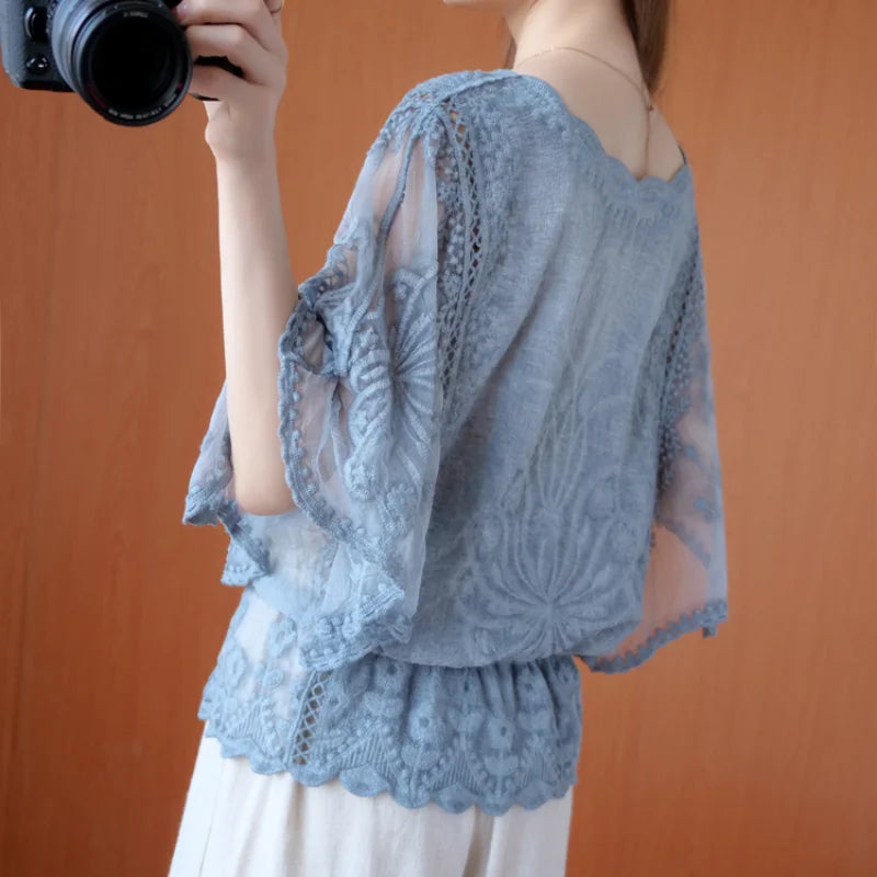 Fashion Women Blouses Autumn Chiffon Lace