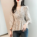 Pearl Button V Neck Shirt Women Retro Floral
