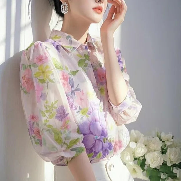 Elegant French Style Purple Floral Chiffon Blouse Women