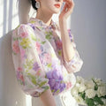 Elegant French Style Purple Floral Chiffon Blouse Women