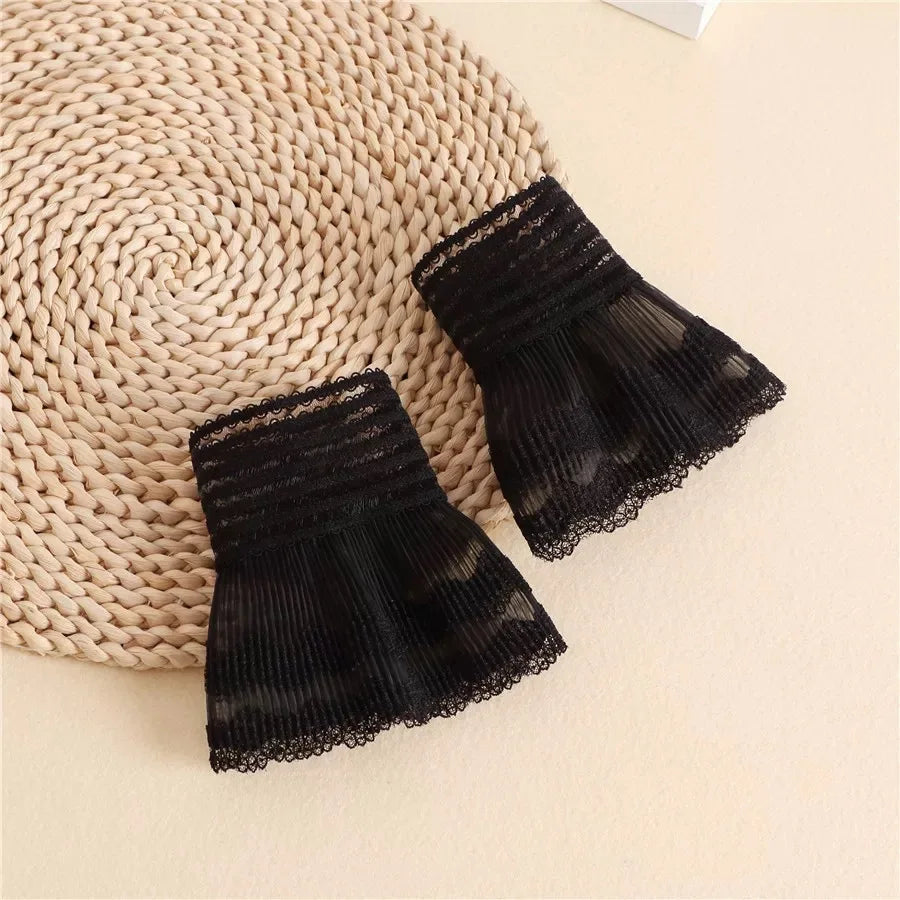 1Pair Detachable Cuffs Lace Flower Mesh Fake Flared Sleeves Double Layer Pleated Ruched False Cuffs Sweater Blouse Wrist Warmers