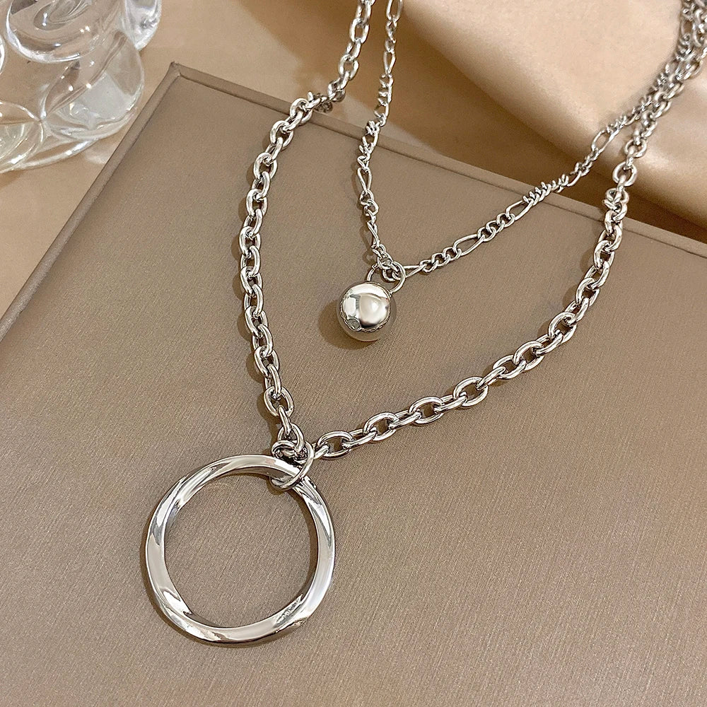 Punk Chunky Women Necklace Multilayer Silver Color