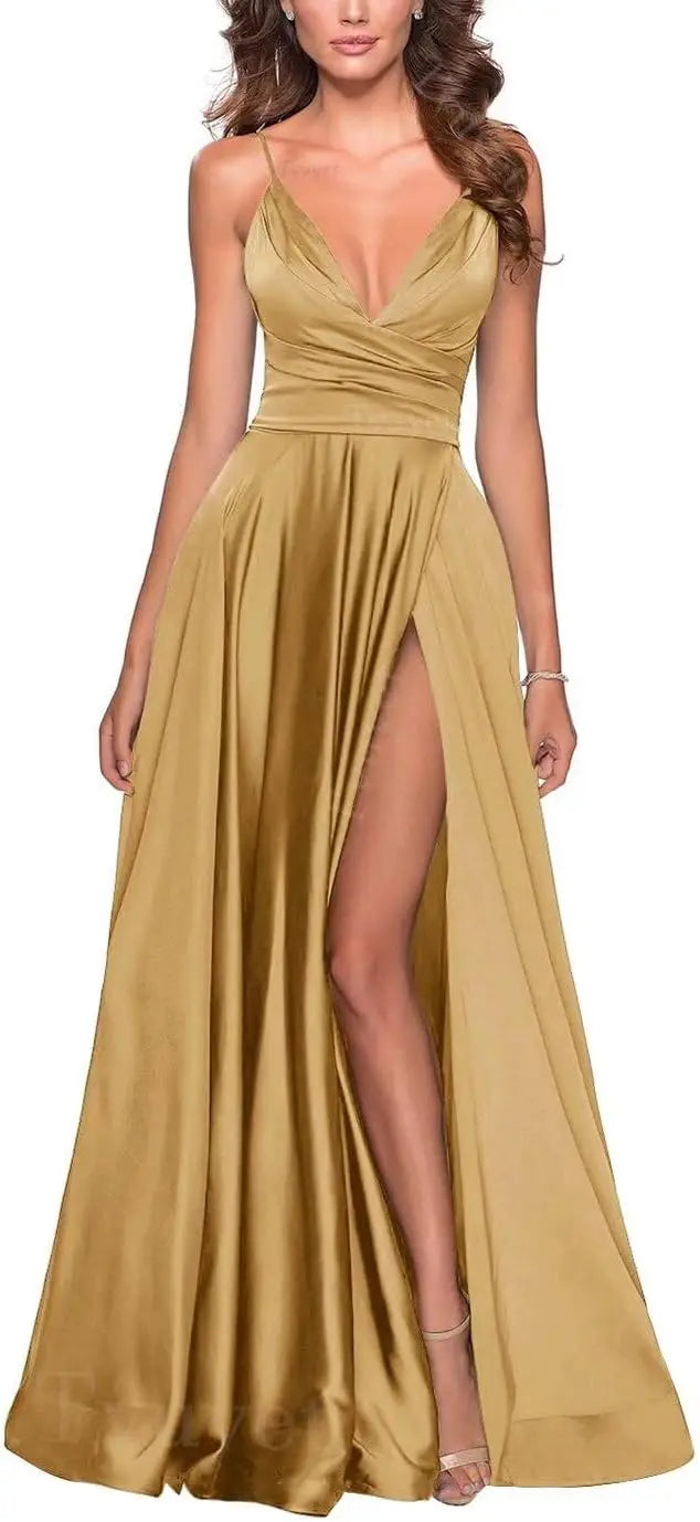 Satin Bridesmaid Dress Pleated A Line Long Suspender
