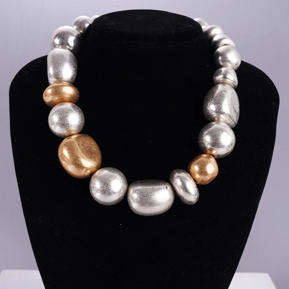 Statement Chunky Beaded Choker Necklace Silver Gold Tone