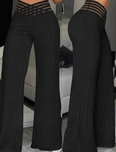 Elegant High Waist Flared Pants For Women Overlap Waisted Textured Criss Cross Sheer Mesh Design Female Summer Work Trousers