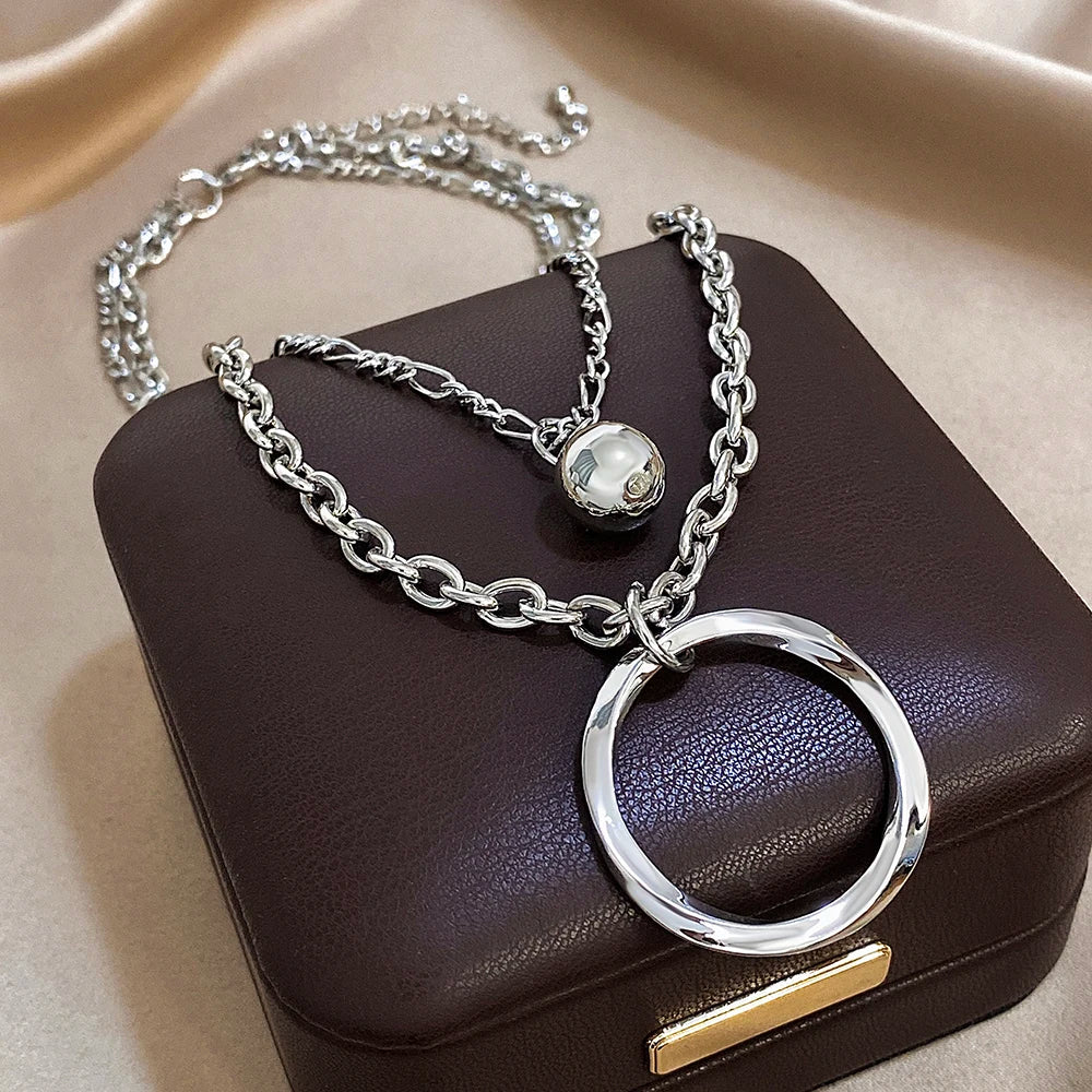 Punk Chunky Women Necklace Multilayer Silver Color