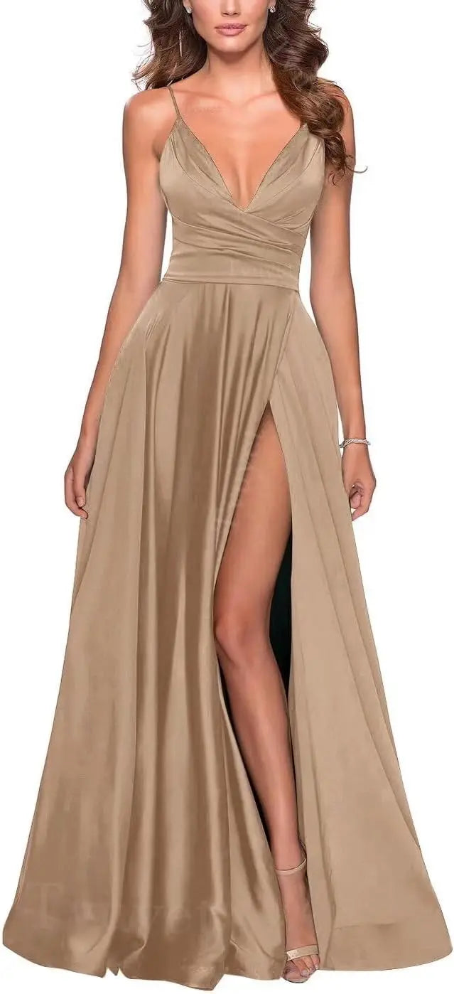 Satin Bridesmaid Dress Pleated A Line Long Suspender