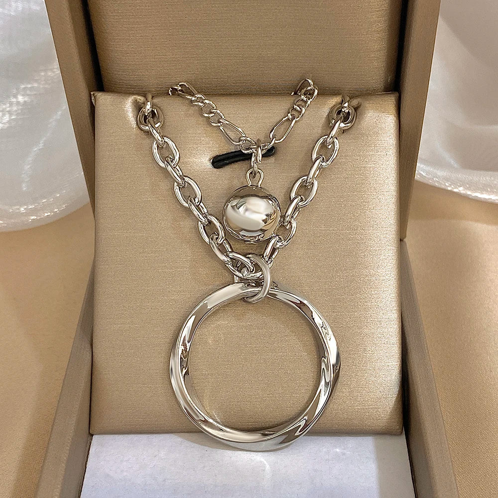 Punk Chunky Women Necklace Multilayer Silver Color