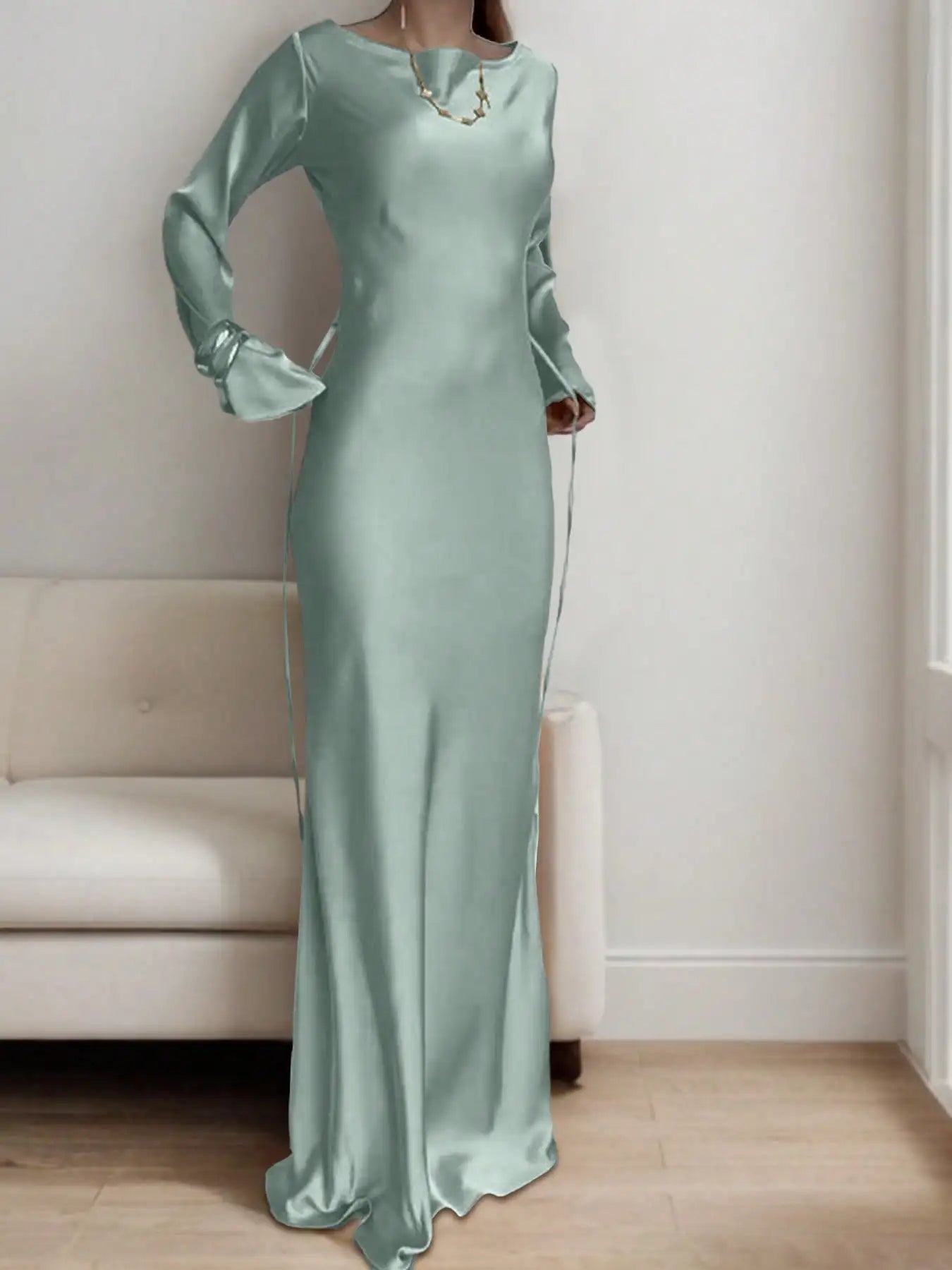 Womens Bespoke Satin Maxi Dress Corset Waist